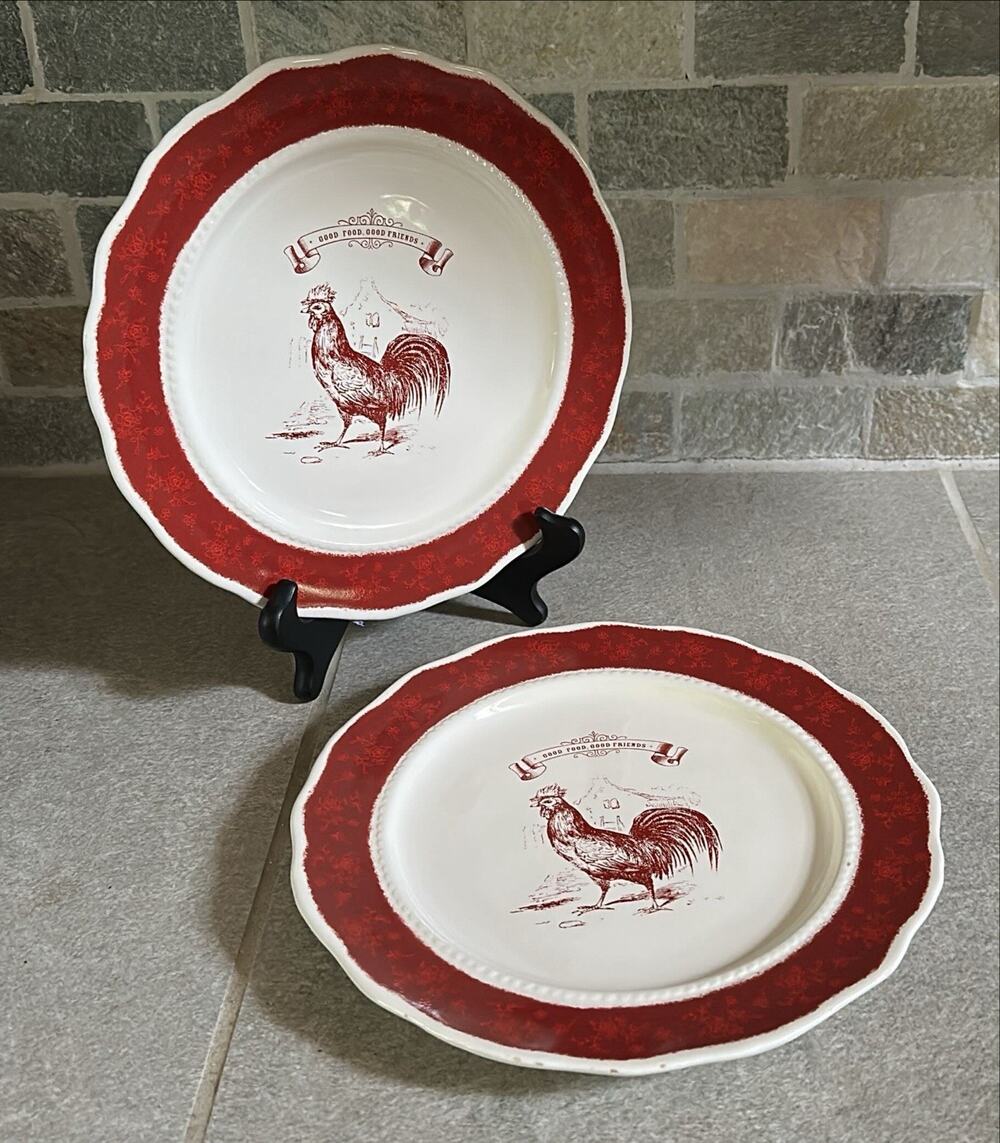 2 Country Living Red Friends Rooster Salad Plates 9"